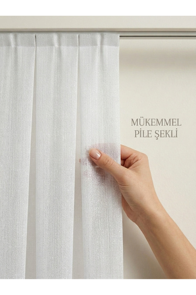 Demor Home Premium Kırık Beyaz Bambu Tül Perde Simli Dokulu 1/3 Sık Pileli Ağ...