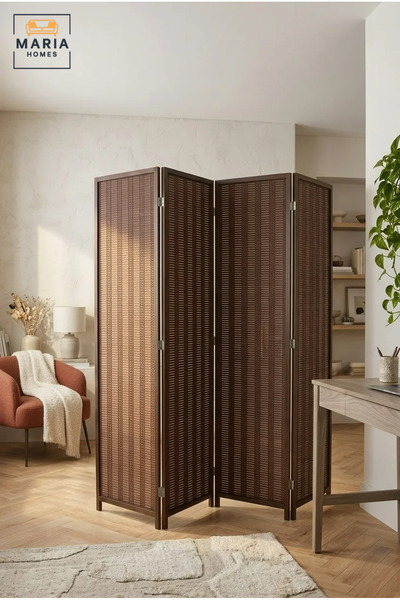 MARIA HOMES Four-Panel Folding Room Divider with Woven Design, Freestanding P...