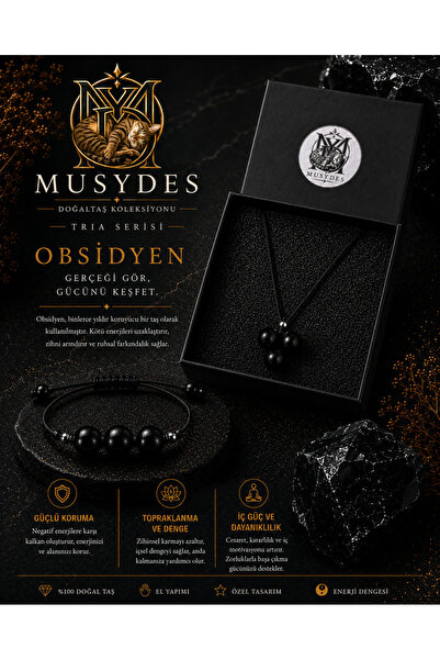 Musydes Obsidyen Doğal Taş Bileklik-Kolye Seti Ruhsal Detoks Taşı 8mm Hakiki ...
