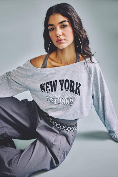 DeFacto Boat Neck Printed Long Sleeve Light Gray Melange T-Shirt I2914Ax26Au