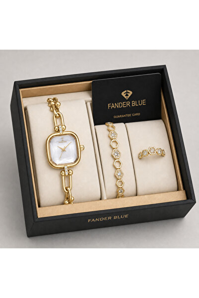 FANDER BLUE Luxury Women's Fender Blue 3-Piece Watch Set - Gold with Pearl Wh...