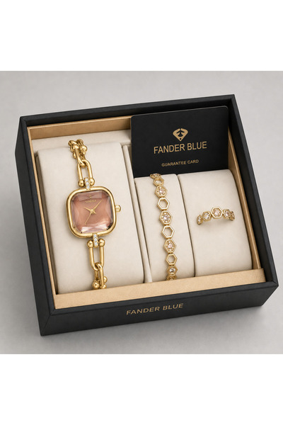FANDER BLUE Luxury Women's Fender Blue 3-Piece Watch Set - Gold with Square P...