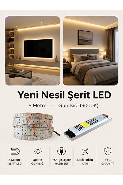 luxshome Yeni Nesil LED Şerit Seti 5 Metre Gün Işığı (3000K) | 60W Slim Trafo...