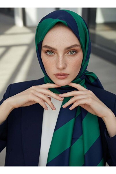 Vissona %100 Saf İpek Şal İnce Saten Vual Dokuma Çizgili Desenli Lacivert - Z...