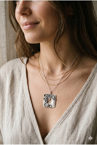 ZGNOVA Cast Iron Square Motif Necklace with Steel Chain and Special Design Pe...