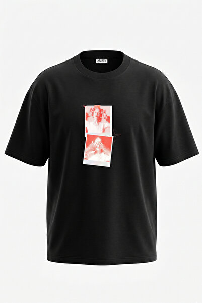 Anetos تي شيرت أسود كبير الحجم مطبوع بتصميم صورة شخصية بنمط هالف تون