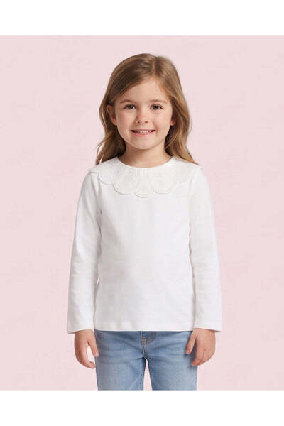 REDTAG Girls Off White Long Sleeve Schiffli Collar Top