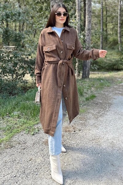 Moda4x4 Women's Clothing Brown Long Sleeve, Double Pockets, Oval Cut Skirt, B...