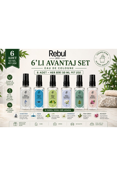 Rebul 6'lı Avantaj Kolonya Seti 50 ml Pet Şişe Aqua Lime Magnolia Bouquet Pine Forest Azure Noir
