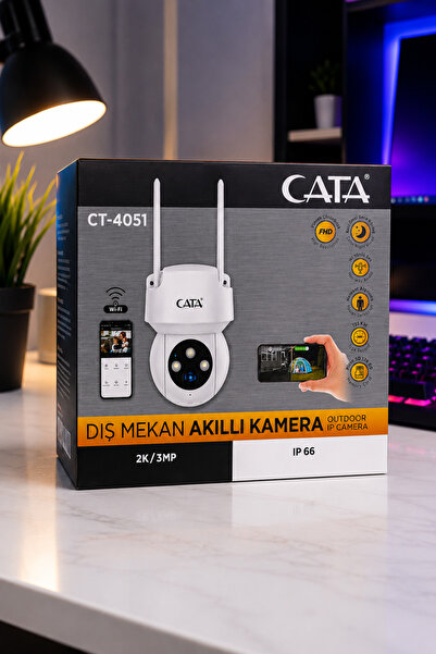 Cata CT-4051 Dış Mekan Akıllı IP Kamera 2K 3MP Wi-Fi Gece Görüşlü Hareket Sensörlü IP66 Güvenlik Kamerası