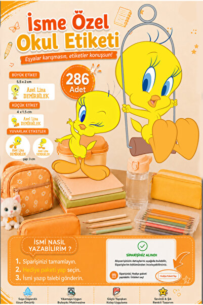 Sim Tasarım Tweety Okul Etiketi Kalem Defter Etiketi Özel İsim Yazılabilen Et...