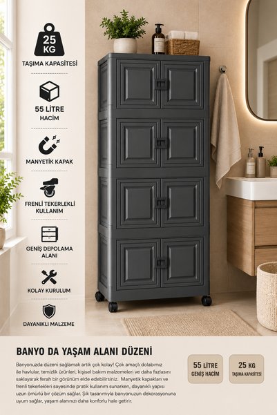 Solto Home 4 Katlı Çok Amaçlı Dolap Katlanır Tekerlekli Mıknatıslı Kapaklı Portatif Organizer