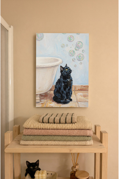 Esoria Tekli Kedili Banyo Kanvas Tablo Seti, Canvas Tablo