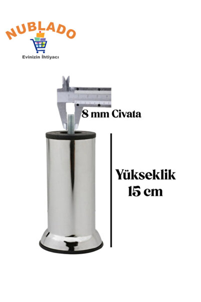 NUBLADO 24'lü Mobilya Kanepe Baza Yatak Koltuk Destek Yükseltme Ayağı M8 Civatalı Krom Metal Ayakları 15 Cm