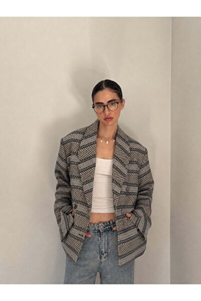 Retrobird 90S Retro Model Oversize Design Plaid Jacket Women's Gray-Navy Blue