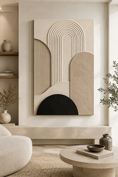 FTRMALZEMECİM PREMİUM Fildişi Art Deco Kemer Katmanları Çerçevesiz Kanvas Tablo