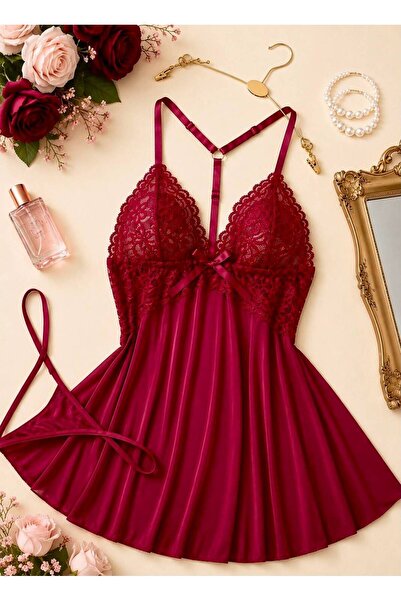 NUBARRON Set de lenjerie de noapte babydoll cu dantelă bordeaux pentru femei,...