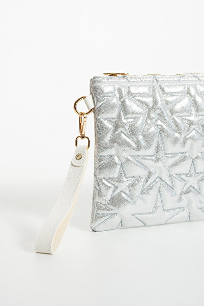 LUNABLU Star Embroidered Portfolio Handbag with Chain and Wrist Strap, Satin Lined Clutch Bag