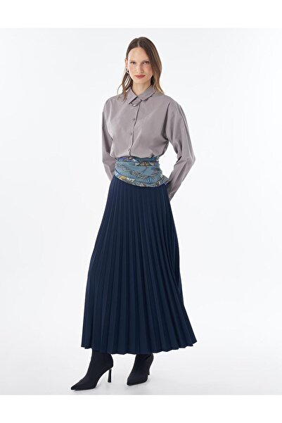 Kayra Basic Pleated Skirt Navy Blue