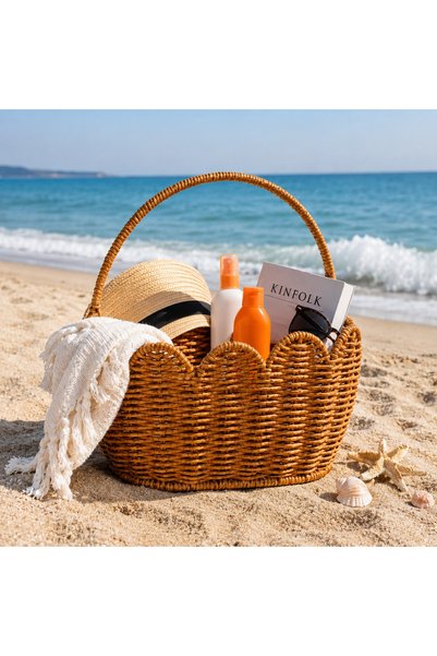 welcomein Large Beach and Picnic Basket with Woven Design – Decorative Wicker-Look Carrying Basket with Lid