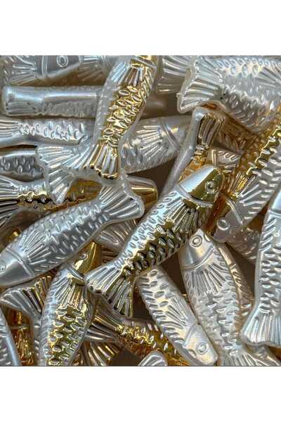 yiğit aksesuar 20 Adet (3 cm)Beyaz Gold Delikli Balık Inci Boncuk plastik tak...