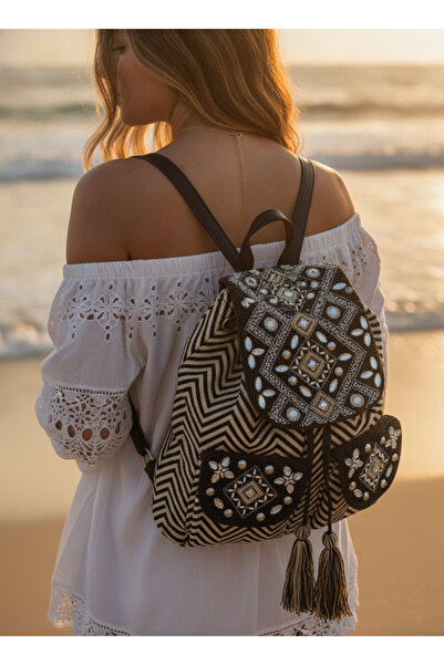 MILANO COLLECTION Rucsac boho negru și bej, cu model chevron, brodat manual, ...