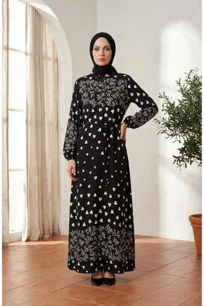 sefamerve Viscose Fabric Heart Patterned Hijab Dress 0337-01 Black White