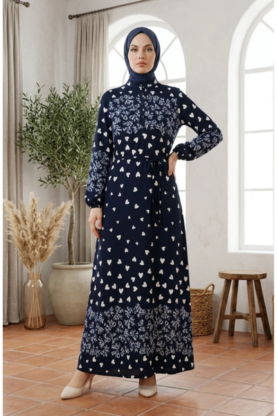 sefamerve Viscose Fabric Heart Patterned Hijab Dress 0337-06 Navy Blue