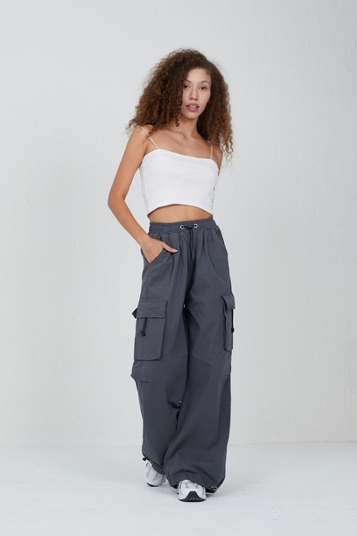 harmony factory Wide Leg Yüksek Bel Kumaş Kargo Cepli Pantolon