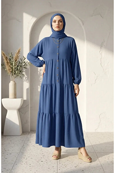 sefamerve Half Button Layered Hijab Dress 2293-05 Indigo