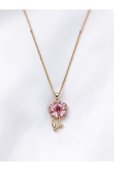 deryora Women's Gold Color Pink Crystal Stone Detailed Flower Model Thin Chai...