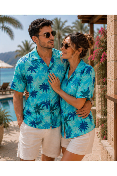 Kokosh moda Women's Men's Unisex Blue Palm Tree Pattern Oversized Short Sleev...