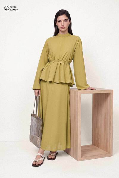 Hooopstore Cotton Pleated Detailed Safran Skirt Set