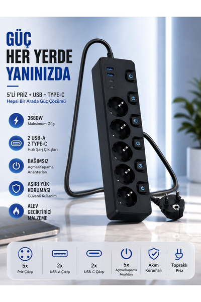 MATECHNO 5'li Akım Korumalı Topraklı Çoklu Priz 3680W 2 USB-A + 2 Type-C Hızl...