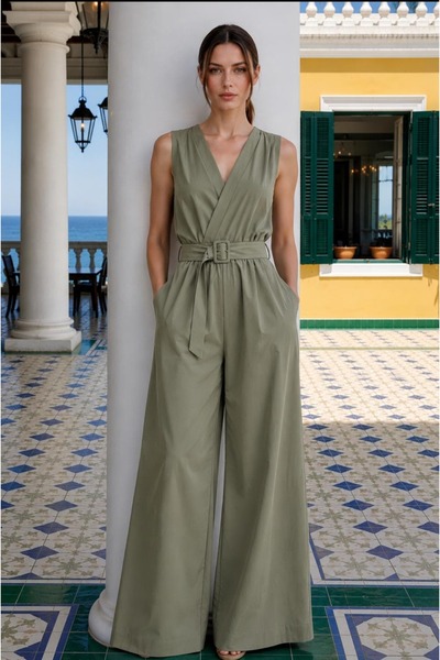 Fast Perry Buckle Detail Double Breasted Collar Women's Jumpsuit