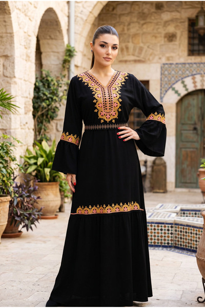 Star Fashion Rochie maxi tip Kaftan, viscoza, cu broderie si maneca trei sfer...