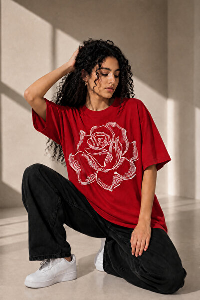 Rubonia Women's Oversized Rose Print T-Shirt 100% Cotton Comfortable Fit Stre...