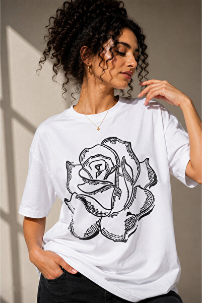 Rubonia Women's Oversized Rose Print T-Shirt 100% Cotton Comfortable Fit Stre...