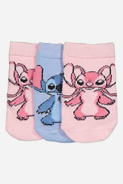 Disney Toddlers Girl 3 Pairs Stitch Graphic Print Ankle Socks, Multicolor