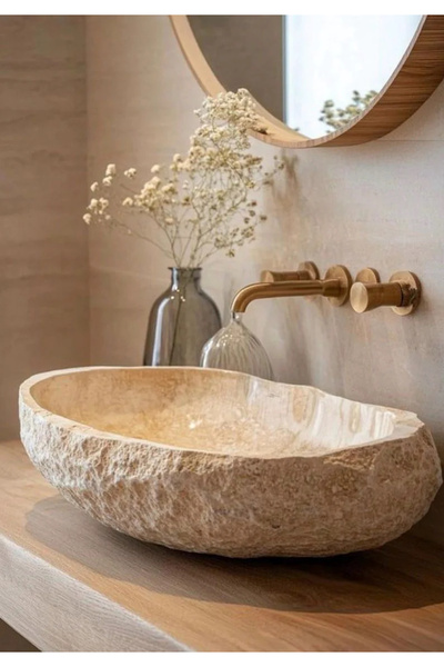 Belle Vie Doğal Traverten Lavabo | El İşçiliği ile Şekillendirilmiş Lüks Bany...