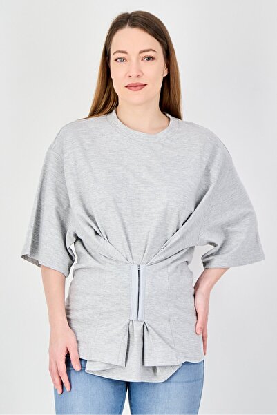 Monki Women Crew Neck Short Sleeve Plain T-Shirt, Grey