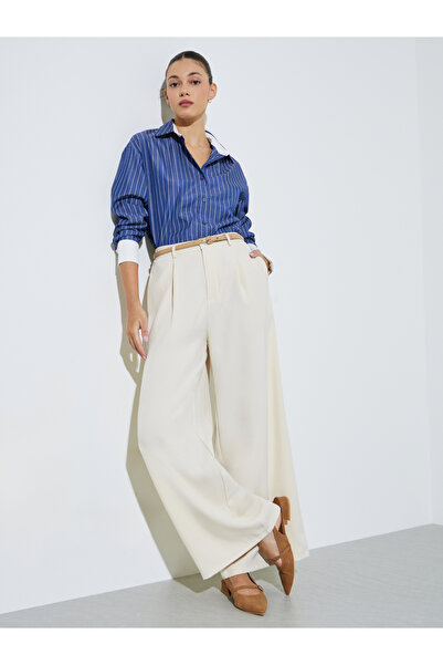 Styli Cream Wide Leg With Pleat Detailing Formal Pants