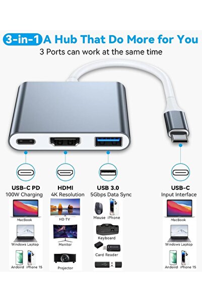 Beruflic İpad Iphone 16/17 Pro Max Uyumlu Type-c To 4k Hdmi Hub Usb-c Type-c Pd Usb Çevirici 3in1 Dönüştürücü