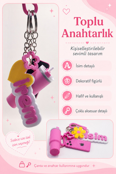 Tovo Craft Kişiye Özel İsimli Toplu Anahtarlık Çoklu Aksesuarlı Dekoratif Çan...