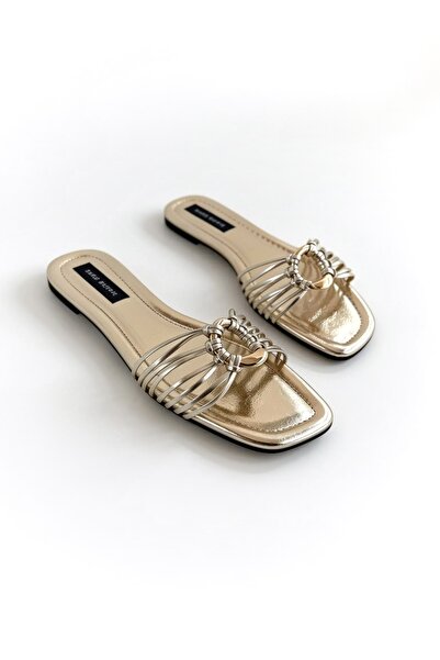 Shoebutik Brisa Gold Buckle Detailed Women's Slippers