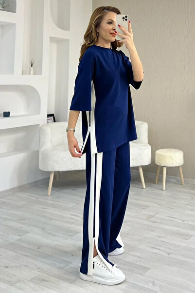 fiolin Soft Touch Modal Fabric Striped Detailed Slit Suit