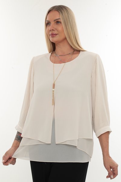 KİFAYET Plus Size Crew Neck Pleated Three Quarter Sleeve Chiffon Evening Dress with Necklace Women's Blouse