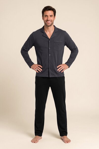BAYKAR Men's Cotton Polo Collar Long Sleeve Pajama Set 9813 Gray