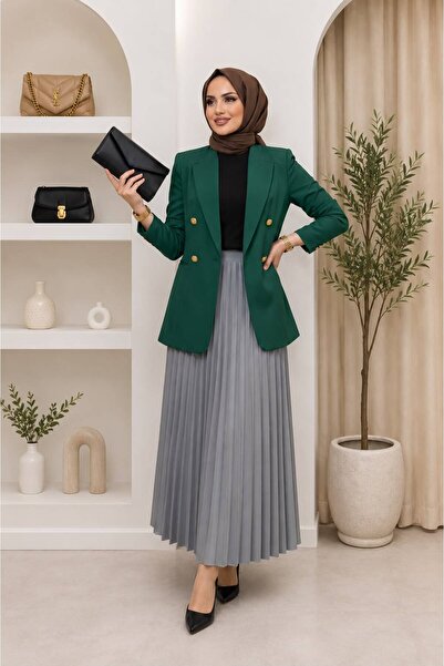 Modaytesettür Kadın Tesettür Blazer Ceket Düğmeli Astarlı Kruvaze Mevsimlik O...