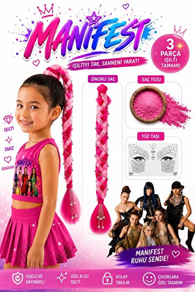 bemora kids manifest örgü zincirli saç pemberenk manifest aksesuar seti pembe...